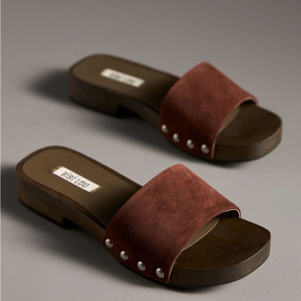 Bibi Lou Suede Slide Mules in Rust Brown